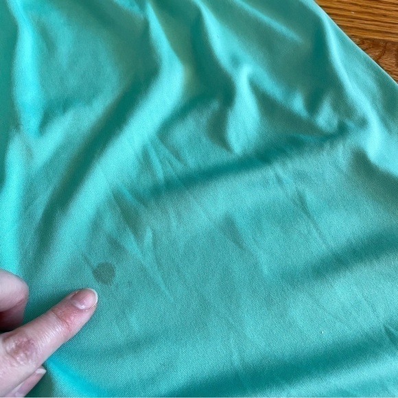 VANITY Aqua Seafoam Green Blue Swiss Dot Textured Mini Surplice Faux Wrap Dress - Picture 14 of 16